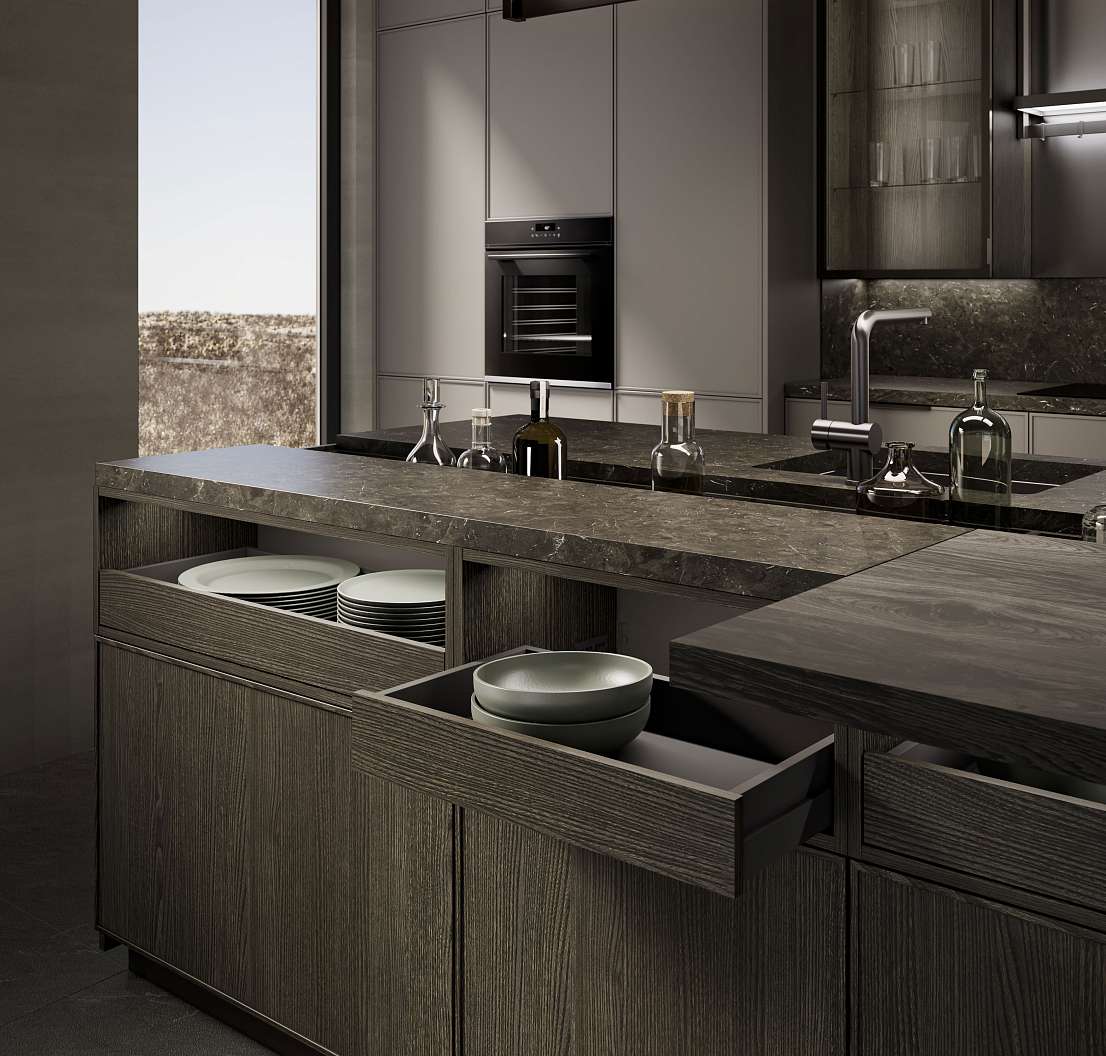 Крупный план вытяжки, повторяющей форму острова со встроенной подсветкой